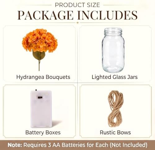 4 Sets Mason Jar Centerpiece with LED Lights and Orange Hydrangea Fake Flowers Vase for Wedding Thanksgiving Party Coffee Table Decor - Image 2
