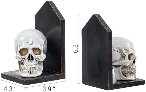 MyGift Gothic Bookends, Skull Decorative Bookends, Book Ends for Shelves, Halloween Decor Skeleton Statue, Vintage Resin Book Stopper Holder Support,1 Pair - Image 5