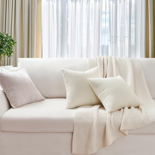Topfinel 24x24 Inch Small Throw Pillow Covers Pack of 4 for Living Room Couch Bed Soft Corduroy Windmill Textured Boho Striped Patchwork Pillow Covers House Decor,Cream - Image 4