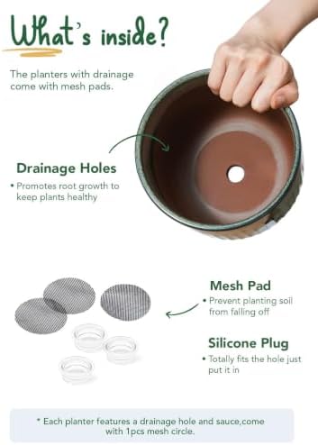 LE TAUCI Ceramic Pots for Plants, 8.3/7/6 Inch Indoor Planters with Drainage Holes & Mesh, Modern Glossy Glaze Cylinder Fluted Plant Pot for Snake Plant, Set of 3, Dark Olive - Image 6