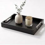 Decorative Serving Tray, Modern Rectangle Wood Tray with Polished Metal Handles, Glossy Finish, 16.5x12 Inch, for Coffee Table, Ottoman (Black) by dugunusu