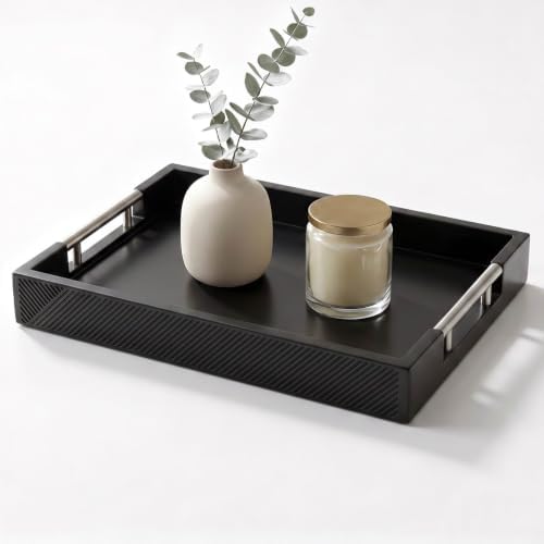 Decorative Serving Tray, Modern Rectangle Wood Tray with Polished Metal Handles, Glossy Finish, 16.5x12 Inch, for Coffee Table, Ottoman (Black) by dugunusu