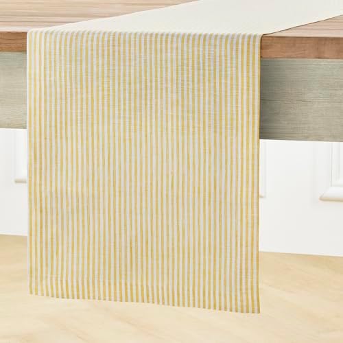 Solino Home 100% Linen Table Runner, 14 x 132 in, Mustard and White Striped - Image 3
