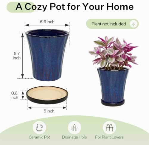 6.6 Inch Ceramic Planters with Drainage Hole and Saucer,Indoor Outdoor Large Flower Pots, Garden Pot for Plant Lovers (Blue) - Image 6