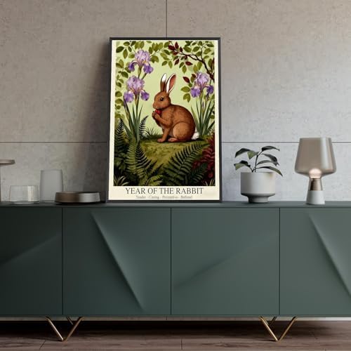 e Lunar Year of the Rabbit Art Print – Zodiac Wall Decor with Purple Iris Pattern Tender Caring Perceptive Refined Lunar New Year Poster for Home and Office 20X30 in Black Framed - Image 4