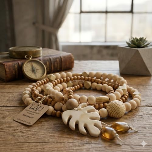 Laju Handmade Tiana - Brazilian Wood Bead Garland with Monstera Leaf - 25" Organic Boho Home Decor & Coffee Table Styling Accessory - Image 2