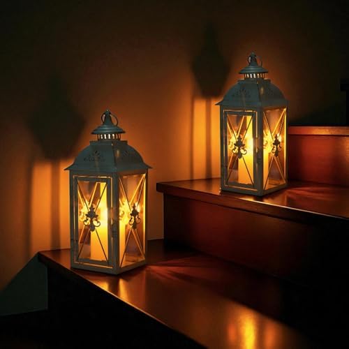 TRIROCKS Set of 2 Vintage Hanging Lantern - 13.5'' Decorative Metal & Tempered Glass Candle Holder - Ideal for Indoor/Outdoor Events, Patio, Garden, Parties White & Gold Brush Finish - Image 6