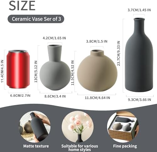 Ceramic Vase Set of 3 | Neutral Vases Home Decor | Modern Flower Pottery Vases Rustic Farmhouse Vase for Table Entryway Mantel Centerpiece Bookshelf Living Room Bathroom Bedroom -Multicolor Large - Image 2