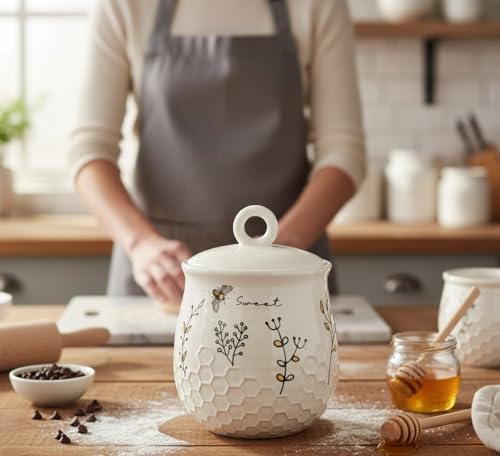 Young's Inc Honey Bee Ceramic Cookie Jar with Lid, Farmhouse Kitchen Storage Canister for Cookies, Treats,Coffee,Tea,Snacks,7.8 Inch Sweet Bee Decor Rustic Kitchen Container - Image 4