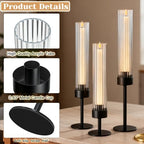 Metal & Acrylic Taper Candle Holders with Ribbed Design - Hurricane Clear Cylinder Candelabra for Wedding, Christmas, Party, Dining Table Centerpiece Decor (Black, Set of 6) - Image 3