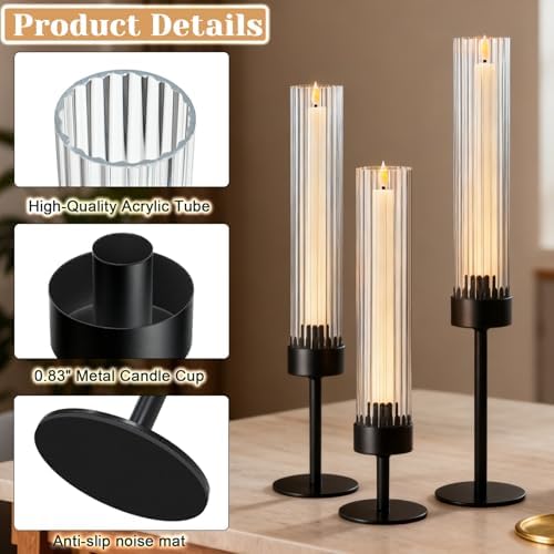 Metal & Acrylic Taper Candle Holders with Ribbed Design - Hurricane Clear Cylinder Candelabra for Wedding, Christmas, Party, Dining Table Centerpiece Decor (Black, Set of 6) - Image 3
