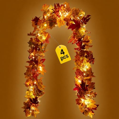 KASZOO 4 Pack Fall Maple Garland with 80 LED String Light- 5.8ft/Piece Artificial Fall Foliage Garland Autumn Decor for Home Wedding Party by HOME