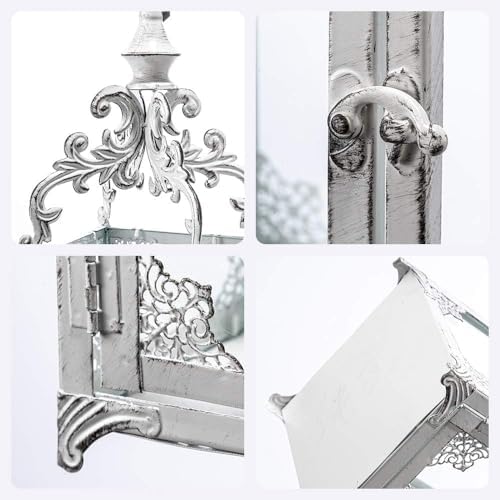 Large Candle Lantern, Decorative Hanging Lantern, Vintage Metal Tabletop Lantern for Outdoor Patio Rustic Home Decor, Candle Holders with Clear Glass (White) - Image 7