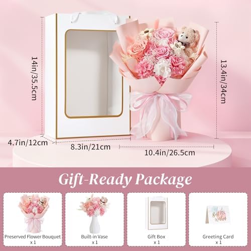 Lewondr Preserved Flowers for Delivery, Flowers Bouquet with Bear, Pink - Image 5