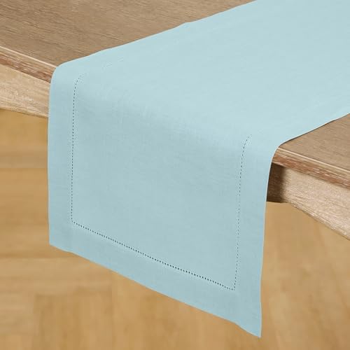 Solino Home 100% Pure Linen Table Runner Aqua Blue Hemstitch, 14 x 90 in - Image 2
