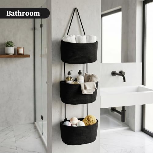 TeoKJ Over the Door Hanging Basket, 3-Tier Woven Cotton Wall-Mounted Storage Organizer Bag Decorative Hanging Nursery Baskets, Black - Image 6