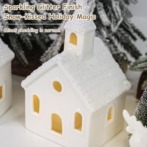Christmas Decorations Indoor - 9 Piece Christmas Village Sets with 4 Remote Control Lighted Ceramic Houses, 2 Trees, 2 Deer & Santa - Neutral White Farmhouse Holiday Decor for Home Table Room(White) - Image 5