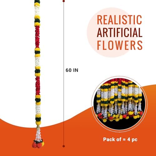 DIYANA IMPEX 4 Pc Artificial Marigold Garland with Bells, 5 Ft Long Hanging Flower Strings for Diwali Decorations, Indian Wedding, Party, Home Decor, Ganpati Hanging Decor & Mantle Decor (Red) - Image 2