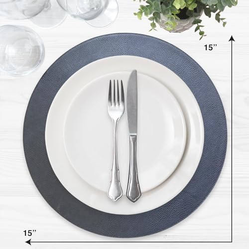 Morgan Faux Leather Set of 12 Placemats, 15" Round, Navy, Heat Resistant, Stain Resistant, Non-Slip, Reversible, Durable Table Mats for Kitchen, Dining Table, Indoor Washable Use - Image 4