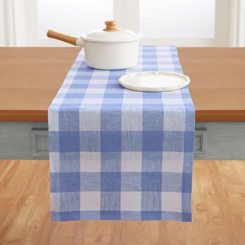 Solino Home 100% Pure Linen Table Runner Blue, Buffalo Check 14 x 120 in by SolinoHome
