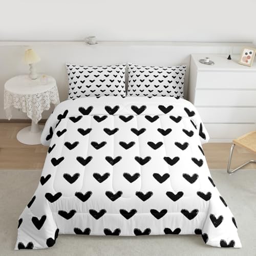 Love Comforter Set King White and Black Heart Pattern Bedding for Women Men Teens Valentine Day Gift Down Comforter Cartoon Love Heart Quilted Duvet Geometric Soft Warm Bedding Sets Bedroom Decor - Image 2