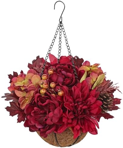 Hollyone 11" Fall Hanging Baskets Hydrangea Peonies Small Artificial Flowers Fall Hanging Decor Hydrangea Fake Flowers Faux Plants Red Orange Indoor Outdoor Porch Patio Garden Autumn Home Decorations by Hollyone