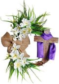 Easter Cross Wreath with Burlap Bow, Easter Door Wreath with Burlap Bow Swag Bowknot Rustic Farmhouse Spring Lily Wreath Easter Decorations for Hanging Door Decor (16IN Num.01) by Unknown