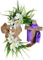 Easter Cross Wreath with Burlap Bow, Easter Door Wreath with Burlap Bow Swag Bowknot Rustic Farmhouse Spring Lily Wreath Easter Decorations for Hanging Door Decor (16IN Num.01) by Unknown