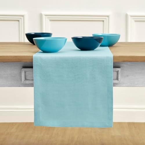 Solino Home 100% Pure Linen Table Runner Aqua Blue Long, Fete 14 x 108 in by SolinoHome