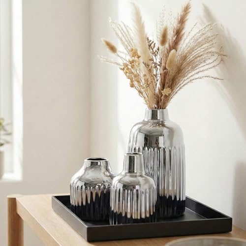 Ceramic Textured Vases Set of 3, Round Silver Two-Tone Flower Vase for Pampas Grass Decorative, Modern Silver Small Vase for Kitchen Counter Shelving Fireplace Mantel Table Centerpiece by LCCCK