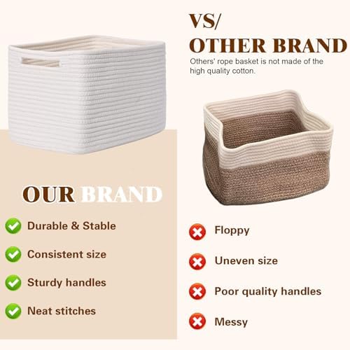 Storage Baskets for Organizing, 4 Pack Baskets for Shelves, Decorative Storage Bins for Shelves, Cotton Rope Storage Basket with Handles, Woven Basket for Storage, 13''Lx8.7''Wx7.9''H, White - Image 4