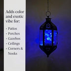 Vela Lanterns Hanging Moroccan Lantern with LED Twinkle Fairy Lights - Exotic Decorative Patio & Porch Decor, Indoor Outdoor Candle Lamp Holder with Chain (13" Large, Cobalt Blue Glass) - Image 2