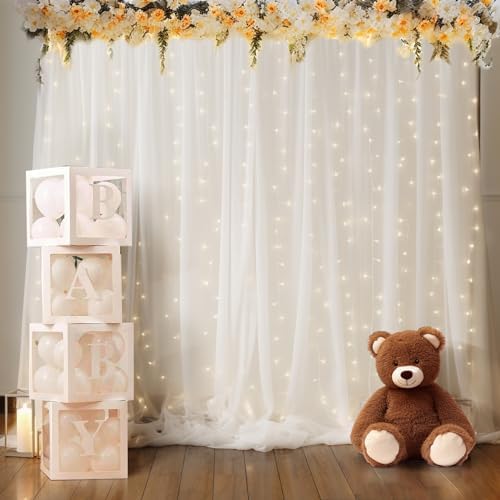 20x10ft White Tulle Backdrop Curtain with Lights String for Parites, Sheer Backdrop Curtains for Wedding Baby Shower Birthday Party Photo Shoot Decorations - Image 3