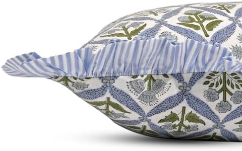 Ridhi Block Print Light Steel Blue Throw Pillow Cover 16" x 16" (Pack of 2) Decorative Cushion Covers with Ruffle for Couch, Sofa, Bed, Living Room, Home Decor Gift for Spring, Easter, Valentine - Image 4