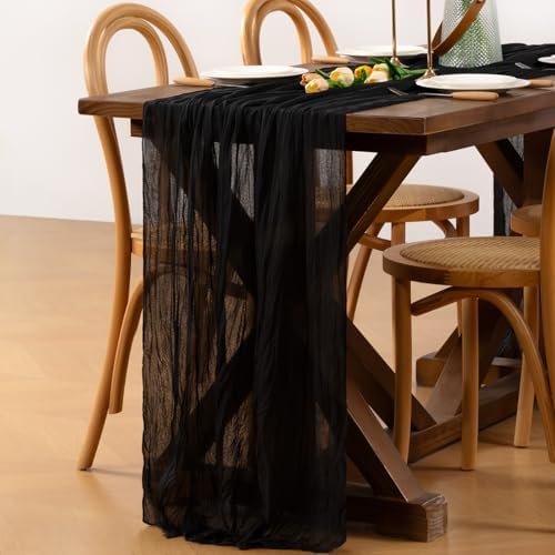 Black Cheesecloth Table Runner Boho Wrinkled Gauze Table Runners - Image 3