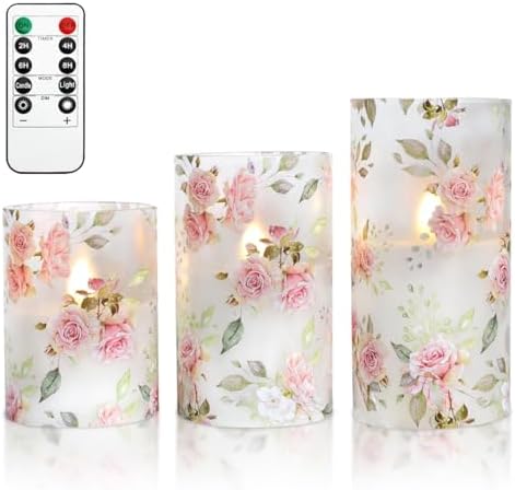 Rose Flameless Candles with Remote Real Wax Blinks Glass Battery Operated Candles - Home Party Wedding Thanksgiving Christmas Summer Decor - Set of 3 - Image 4