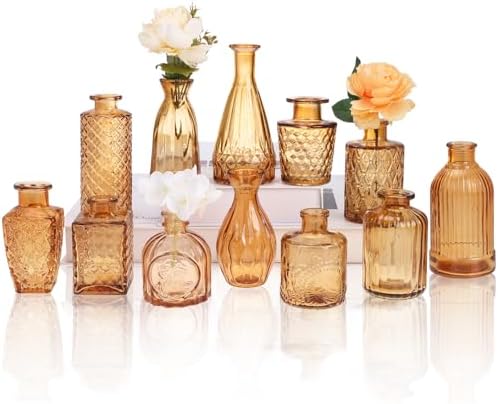 CUCUMI 12pcs Bud Vases for Centerpieces, Amber Gold Glass Vase Set - Image 2