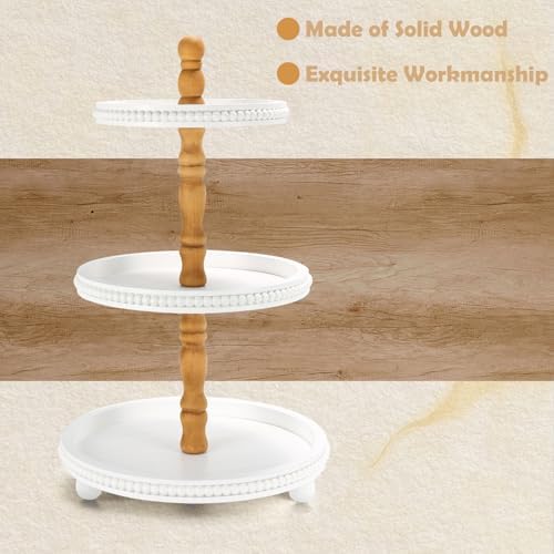 SYNCVIBE Wooden Farmhouse Round White 3 Tiered Decorative Tray Stand - Image 3