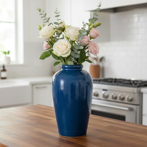 Blue Ceramic Vases Home Decor - 11 Inch Tall Farmhouse Vases for Flowers, Modern Textured Vase for Centerpieces, Living Room, Kitchen Island Decor, Fireplace, Entryway Decorations - Image 5