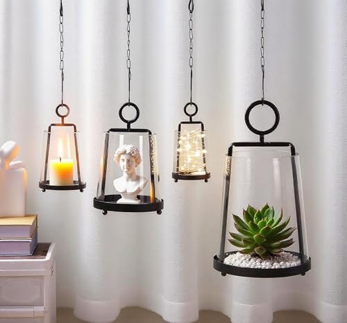 9" Wide Modern Farmhouse Metal Hurricane Candle Holder with Handmade Sturdy Glass Sleeve in Black for Pillar Candle & Plants, Glass Hurricane Lantern, Industrial, Minimalistic - Image 5