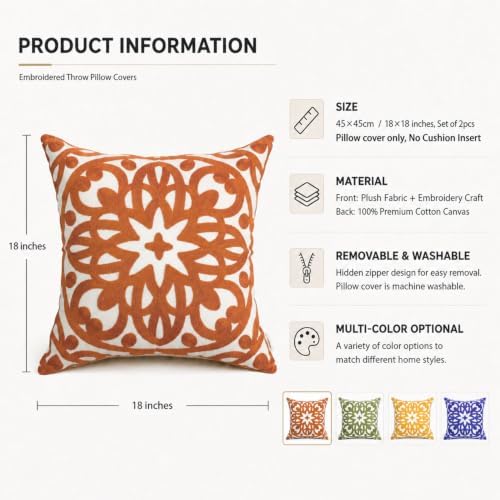 Alysheer Boho Embroidered Throw Pillow Cover 18"x18" Set of 2, Burnt Orange - Image 4