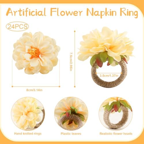24 Pcs Flower Napkin Rings Daisy Flower Handcraft Floral Napkin Holder Rings for Wedding, Holiday Banquet, Luncheons, Birthday Party Dining Table Decor - Image 3