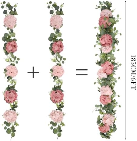 Artificial Hydrangea Flower Garland with Eucalyptus & Baby’s Breath 2PCS 6FT Floral Vines Greenery Garland for Mantel Wedding Arch Table Centerpiece Coastal Home Outdoor Decor (2, Dusty Rose&Pink) - Image 3