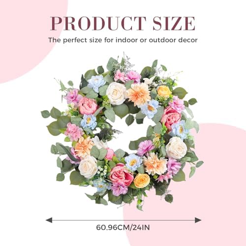 Spring Wreaths for Front Door,Summer Wreath with Peony Rose and Dahlia Flowers,24 Inch Floral Door Wreath for All Seasons Outside Outdoor Indoor Wall Wedding Holiday Home Decor - Image 4