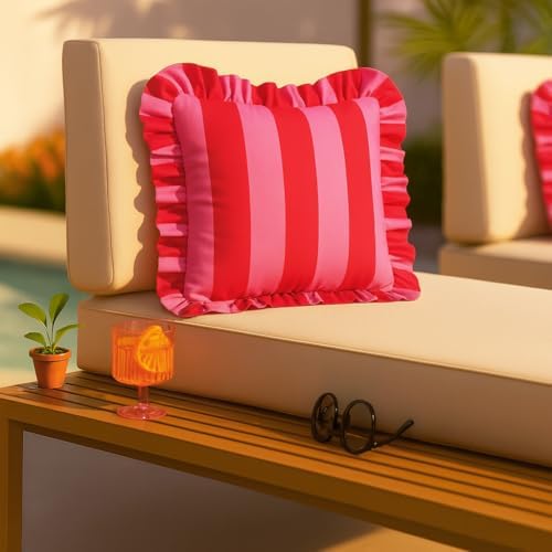 MONDAY MOOSE Decorative Throw Pillow Covers, Set of 2 Water-Resistant Striped Design with Ruffle Edge for Outdoor/Indoor Use, Pillow Inserts Not Included (22x22 inch, Hot Pink/Red) - Image 4