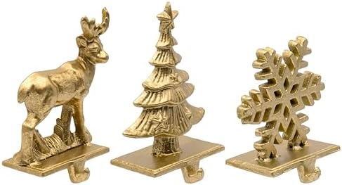 Red Co. Set of 3 Snowflake, Reindeer & Christmas Tree Decorative Cast Iron Stocking Holders in Old Gold Finish - Image 3