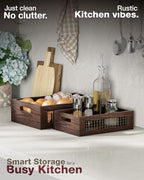 Set of 2 Wooden Countertop Baskets with Sturdy Wire Mesh & Handles - Image 6