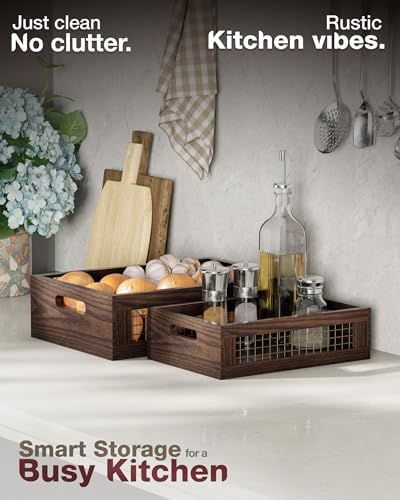 Set of 2 Wooden Countertop Baskets with Sturdy Wire Mesh & Handles - Image 6