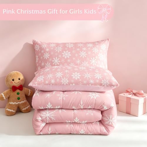 Erosebridal Pink Christmas Comforter Set Twin Size Girly Romantic Snowflake Duvet Insert Princess Winter Quilt Girls Modern Style Bedding Set Bedroom Decor Pink Floral Bedding Set & 1 Pillowcase - Image 5