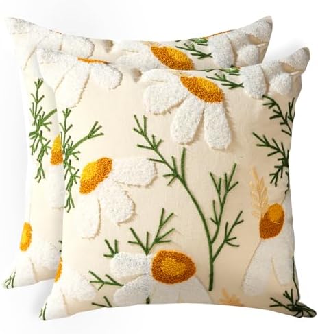 Embroidered Throw Pillow Covers 18x18 Inch - Set of 2 Summer Decorative Pillow Covers with Zipper Aesthetic Cute Design Throw Pillowcases for Couch Sofa Bed, Daisy by Kokaaee
